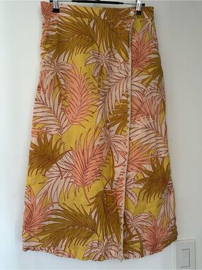 Tahari tropical palm print 100%linen faux wrap midi skirt-yellow /pink -size M
